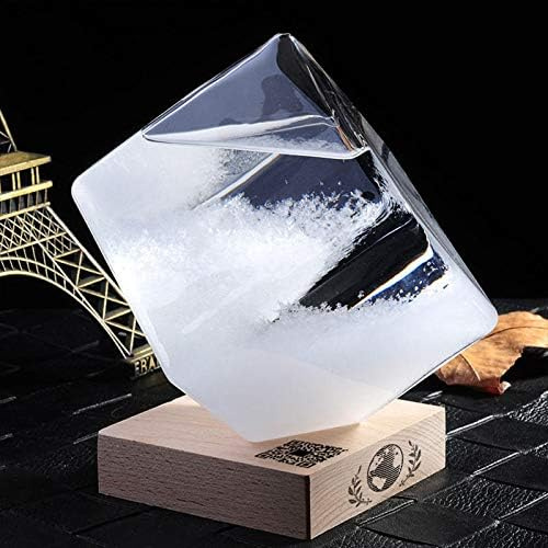 KDAFA Storm Glass with Wooden Base, Weather Forecast Crystal Storm Glass Cube Shape Forecaster Bottle Barometer Decor Gift