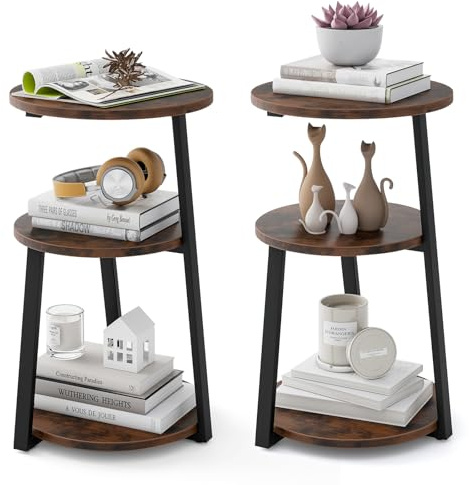 COSTWAY Table d'Appoint, Bout de Canape 3 Niveaux, Gueridon Haut, Cadre en Métal, Design Rond, Table de Chevet, Petite Table Basse pour Salon, Chambre, 40,5 x 38 x 62 cm, Marron Rustique