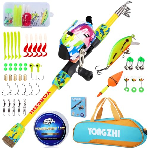 YONGZHI Kids Fishing Rod and Reel Combo,Light Weight Fishing Pole with Spincast Fishing Reel Tackle Bag Lures for Youth,Girls and Boys Good Starter Fishing Kit Yellow
