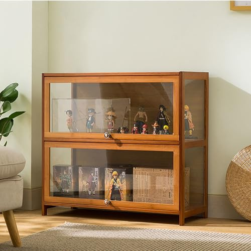 Pounjsd Großer Kapazität Klare Regal Vitrine, Glas Acryl vitrine, Bambou Bücherregal Vitrinenschrank, Holzvitrine, Braun Curio-SchräNke, 80cm Glasvitrine für Bücher, Wein, Büro, Wohnzimmer, Küche