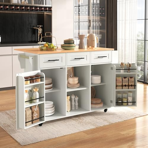 xixiworkshop Küchenschrank 139x46(71) x91,5 cm, Klappbarer Arbeitsplatte | Kücheninsel Freistehend auf 5 Rollen und 3 Schubladen, Kitchen Island 2 Schranktüren, Gewürzregal, Handtuchhalter, Weiß
