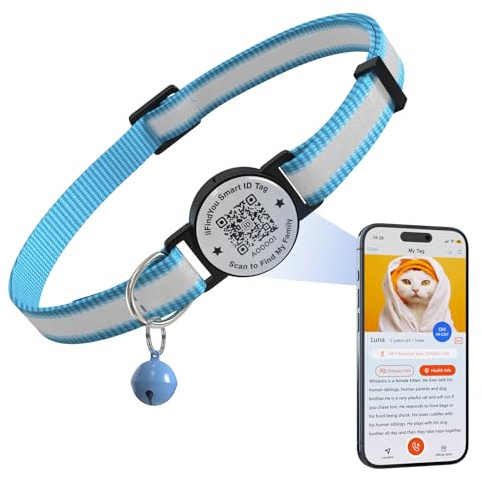 ilFindYou Breakaway Cat Collar with Safety Bell & Reflective Strips | QR Code ID Tag & Name Plate | Adjustable for Kittens Blue