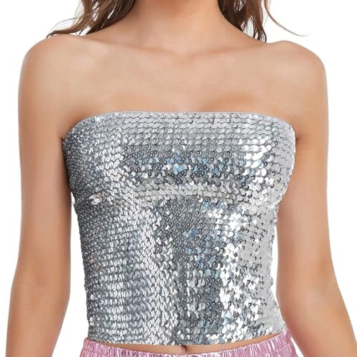 Top con purpurina para mujer, fiesta, lentejuelas, plateado: blusas de noche, festivas, elegantes, sin mangas, sin mangas, lentejuelas, tops de verano, fiestas, tubos, sexy, carnaval, Nochevieja,
