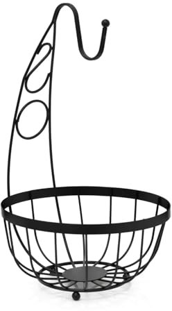 Besto Fruit Bowl with Banana Hanger | Flat Iron Fruit Basket with Banana Hook to Keep Fruits Fresh & Accessible | Wired Fruit Bowl with Banana Hook Hanger for Kitchens