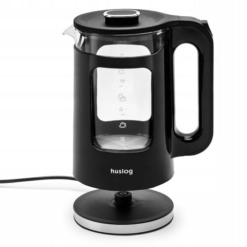 Huslog Hervidor de Agua Eléctrico de Cristal de Doble Pared 1,7 L, 2200W, Ebullición Rápida, Acero Inoxidable y Vidrio de Borosilicato, Indicador de Nivel, Base 360°, Apagado Automático, Negro