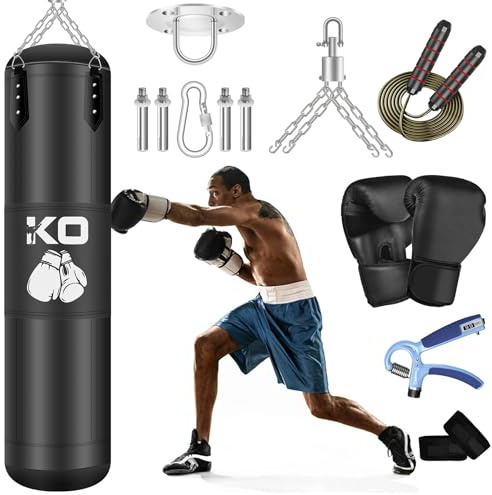 Boxsack Hängend Set, 120cm/4ft Boxsack für Profis mit komplettem Zubehör, Premium-Polyester-Schwere-Tasche für Kickboxen, MMA, Grappling, Karate und andere Kampfsportarten