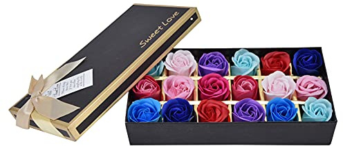 Fleur de Savon Rose, 18pcs Fleurs Roses Artificielles Colorées Savon parfumé Pétales Roses Savon de Bain avec Boîte de Bouquet Décorative pour Noël Mariage de la Fête des Mères