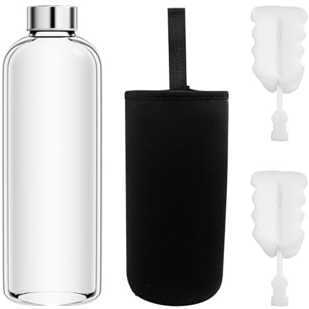 Tryslyn Bottiglie Vetro 1 Litro, Borraccia Vetro, Bottiglia per Acqua, Waterdrop, Trasparente e Resistente Calore, Portatileborraccia, per Viaggio, Campeggio, Ufficio