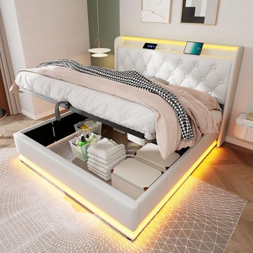 LTGB 4ft6 Upholstered Double Ottoman Bed with 360 Surround LED Function,Hydraulic Storage Bed Frame with Large Storage Space,Double Bed Frame with Charging Function,135 x190cm,White