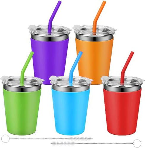 EnjoyThink 5 Pack Kids Stainless Steel Cups with Lids and Straws, 12oz Iced Coffee Cup, Unbreakable Slushie Cups, Kids Tumbler with Straw, Travel Mug Reusable Drinking Cup with for Cold Hot Drinks