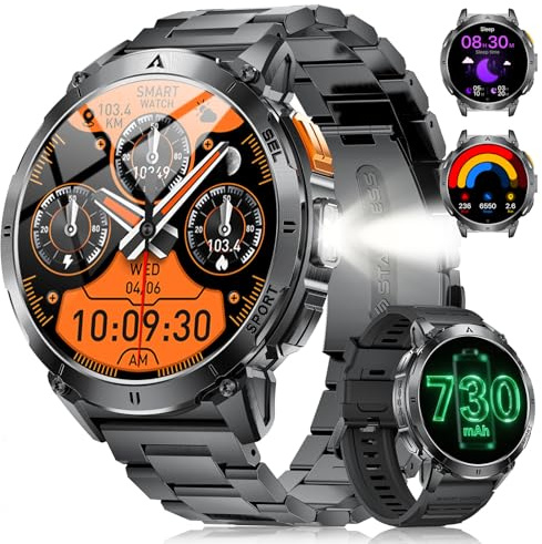 FOXBOX 1.62 AMOLED Smartwatch Herren mit Telefonfunktion, 3ATM Wasserdicht Smart Watch mit LED Taschenlampe für Android/iOS, 110+ Sportmodi Fitnessuhr, 24/7 Herzfrequenz/Schlafmonitor, Tiefschwarz