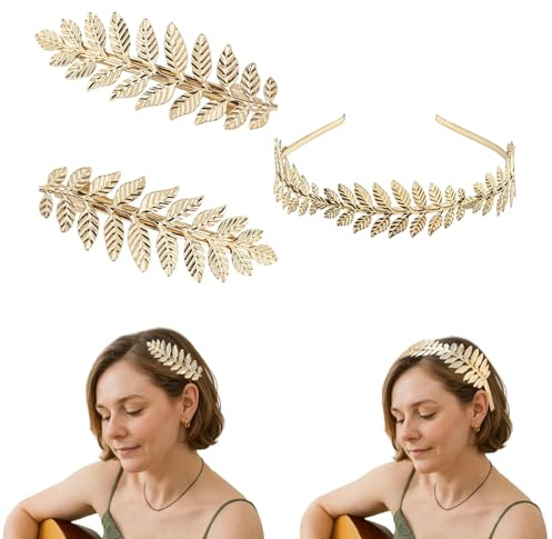 Gold Headband, Greek Goddess Accessories, Elegant Gold Hair Band with Leaf Design, 3-Piece Set for Weddings and Photo Shoots, Includes 1 Headpiece and 2 Hair Clips (9 x 3 cm)