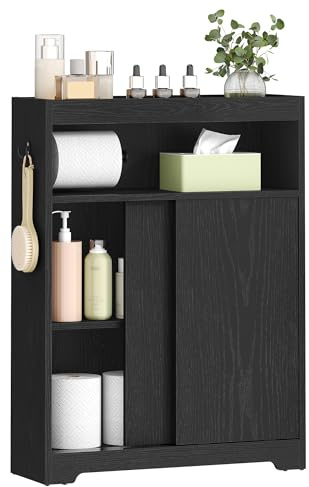 Hzuaneri Badezimmerschrank, Nischenschrank, Schiebetür, verstell. Ablagen | Platzsparende Badschrank mit Toilettenpapierhalter und Haken, für Das Badezimmer, 20 x 60 x 80 cm, Schwarz, BC62804X