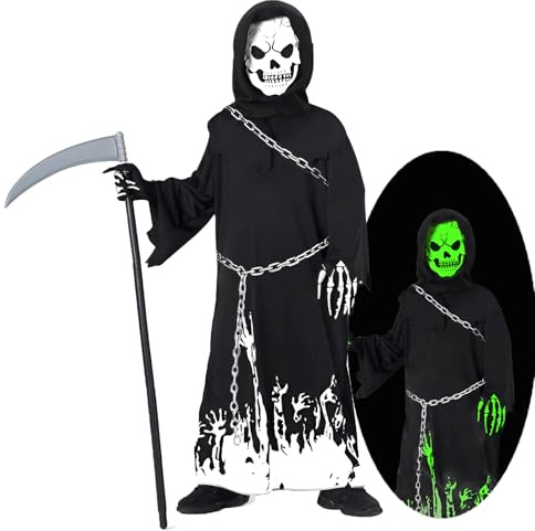 Costume Halloween Bambino Mietitore Spaventoso - Vestito Scheletro con Falce, Maschera teschio, Guanti e Catena - Costume da Reaper per Ragazzi 5-12 Anni - per Carnevale & Festa & Cosplay (130CM)