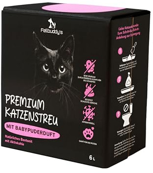 Fellbuddy’s Klumpstreu für Katzen – feines Bentonit Katzenstreu Klumpstreu fein – staubfrei, saugfähig, geruchsbindend – Babypuderduft oder Carbon Effekt – 6L & Sparpack (1x 6L Babypuderduft)
