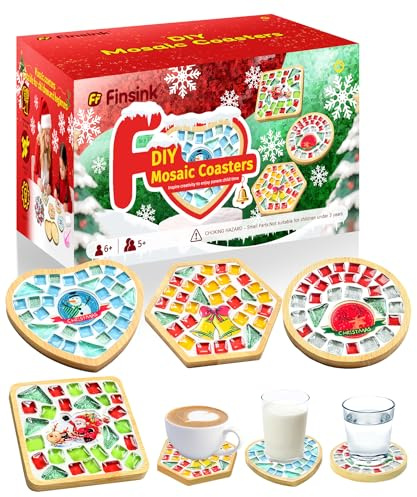 Finsink Mosaik bastelset kinder 4pcs Weihnachten Mosaik Untersetzer Bastelset DIY Holz Untersetzer Set Mosaiksteine zum basteln set Geburtstagsgeschenke für Kinder