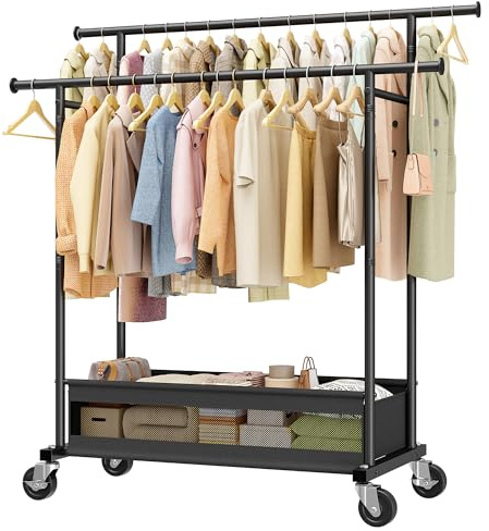 Snhomee Clothes Rack, Double Rods Clothing Rack, Clothing Racks for Hanging Clothes, Rolling Clothes Rack with Storage Basket & Heavy Duty Wheels, Garment Rack for Bedroom, Laundry Room, Black