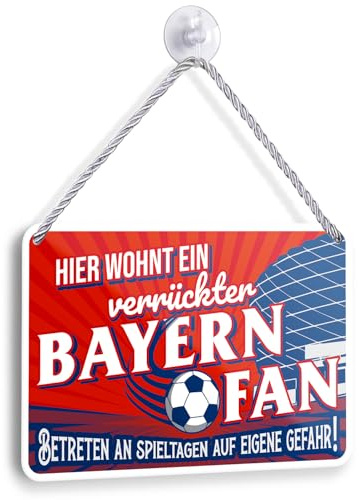 Blechschild Hier wohnt ein Bayern Fan 18x12cm - Fußball Deko Hängeschild - Bayern Fanartikel Wandschild - Geschenk für Fußballfans Rot Weiß (Bayern 3)