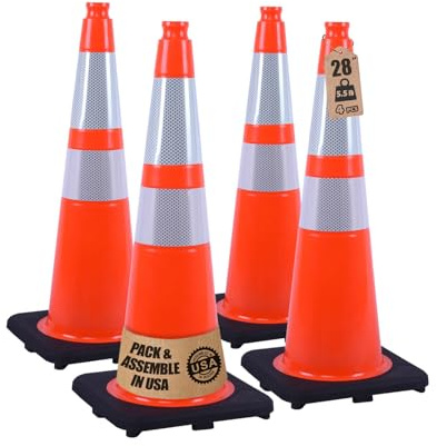 VILBLE 4 Pack, 28 Orange PVC Traffic Cones with Reflective Stripes for Road, Parking, and Construction Safety