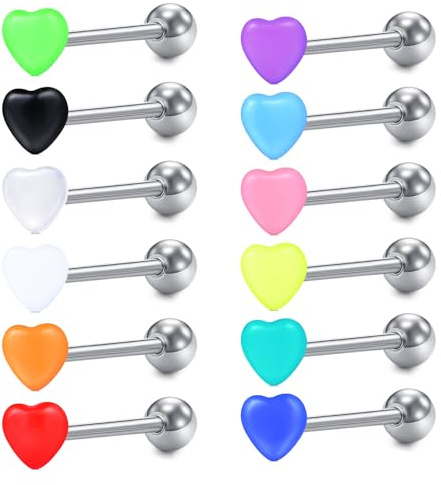 AVYRING 12Pcs Heart Tongue Bars Set – 14G Stainless Steel & Acrylic Tongue Piercing Jewelry with Assorted Colors, 16mm Bar Length, Cute Barbells Piercing Jewelry for Women Men