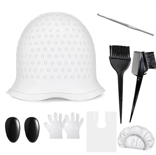 RhiVrillion Kit Coloration Cheveux 6 pièces – Bonnet à Mèches en Silicone avec Pinceau, Peigne, Cape et Gants Jetables – Idéal pour Balayage, Décoloration et Mèches Blondes – Pour Femme Fille