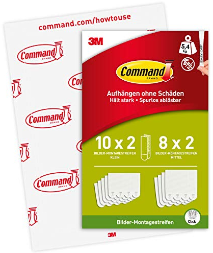 Command Strisce Adesive Appendiquadri, Bianco, 10 Coppie di Strisce Piccole (S), 8 Coppie di Medie (M) - ottimale per Appendere Quadri, Cornici e Specchi al Muro senza Chiodi