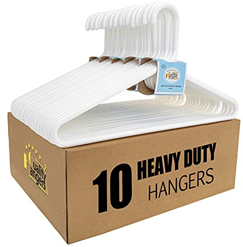 Quality White Plastic Hangers 10 Pack - Super Heavy Duty Multipack for Clothes - Thick Strong Standard Closet Clothing Hangers with Hook for Scarves and Belts-17 for Coats (White, 10)