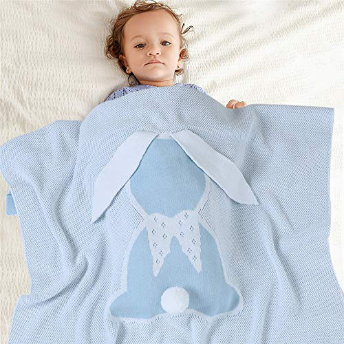 Strickdecke Babydecke Kuscheldecke Baumwolle, Surwin Mädchen und Jungen Babys Hasenohren Drucken Gestrickt Kinderdecke Freien Krabbeldecke Perfekt für Kinderwagen Babybett (Wasser blau,100x80cm)