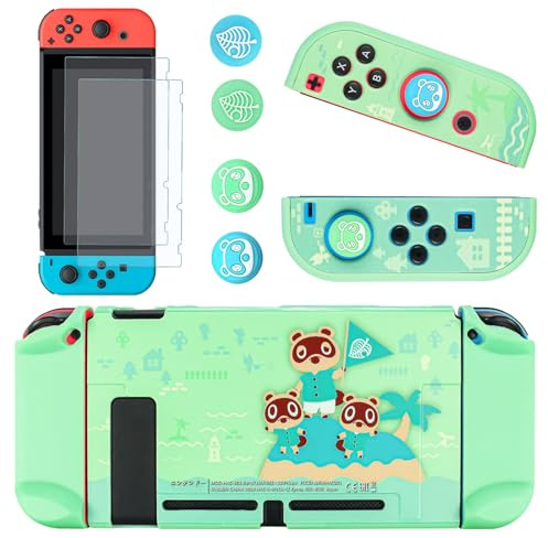DLseego Hülle für Nintendo Switch OLED 2021,Animal Crossing Dockable PC Schutzhülle Anti-Kratzer Gehäuse mit 2 Gehärtetes Glas und 4 Daumenknüppelkappen Kompatibel mit Nintendo Switch OLED