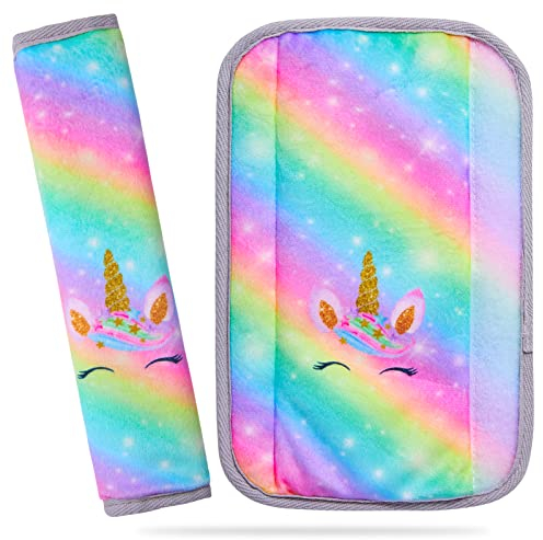 Beinou 2 Pièces Protège Ceinture de Securite Enfant Voiture Protège Ceinture Coussin Protection du Cou/Epaules Licorne, Cale Tete Enfant Voiture