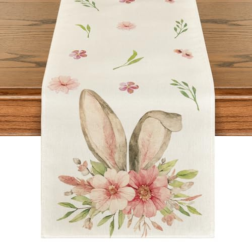 Artoid Mode Blume Hase Hasenohren Osterei Ostern Tischläufer, Waschbar Modern Frühling Küche Esstisch Dekoration für drinnen und draußen Urlaub Party Wohnzimmer Dekor 40 x 180 cm