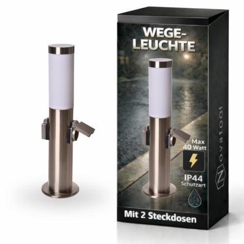 Novatool Gartenlampe I 45 cm I mit 2 Steckdosen I Edelstahl I IP44 I E27 Sockel I Gartenleuchte Stehlampe Säulenlampe außen Aussenleuchten Steckdosenverteiler Steckdosenturm Gartensteckdose