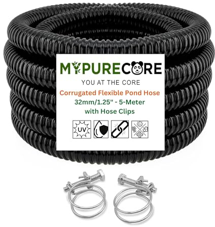 Corrugated Flexible Hose Pond Pipe 32mm / 1.25 – 5-Meter with Advanced Double-Wired Hose Clips for Pond Pumps, Filters, Drainage – Corrugated Water Butt Connector Pipe - Black. Set by MYPURECORE