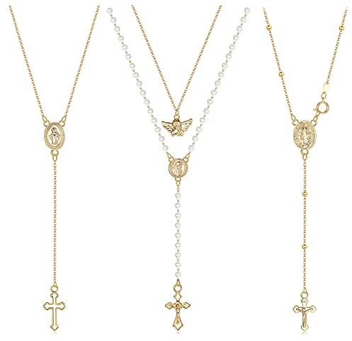Morfetto Kreuz Halsketten für Frauen Männer Rosenkranz Perle Katholische Halsketten mit Engel Jesus Jungfrau Maria Anhänger Gold Versilbert Rosenkranz Perlen Y Halsketten Kette für Gebet Gold