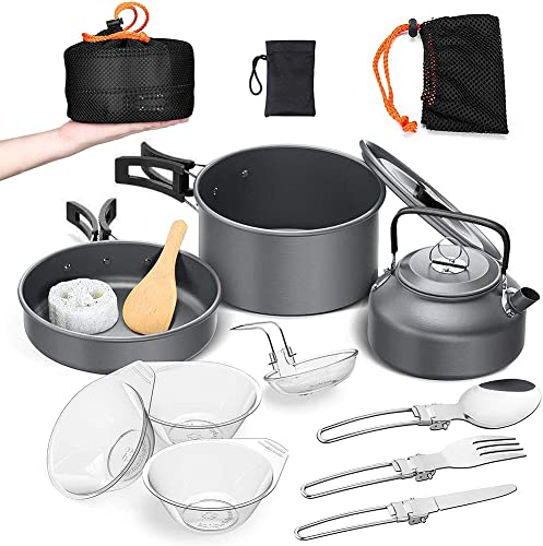 aiGear Camping Kochgeschirr Set/Outdoor Geschirr Set | Camping Topf Kochtopf Tragbar Aluminium | mit Aufbewahrungsbeutel | für Outdoor Camping Wandern Wandern Picknick (CC5339BK)