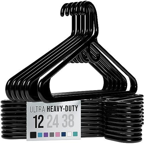 NEATERIZE Thick Heavy Duty Hangers - Black Plastic Clothes Hangers 12 Pack - Great for Coat Hanger, Jackets Jeans & Suit Hanger for Closet - New Apartment Essentials Percheros Ganchos para Colgar Ropa