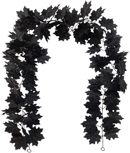 Uhky 2 Pcs Black Fall Maple Leaf Plant Hanging Fall Leaves Vine Artificial Autumn Garland Halloween Decor for Home Party Table Decorations (Black)