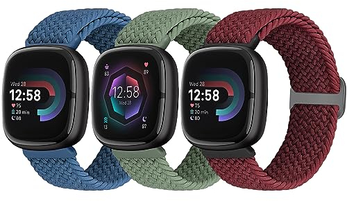 Yunshare 3 Stück Geflochtenes Armband Kompatibel mit Fitbit Versa 4 /Fitbit Sense 2/Fitbit Versa 3/Fitbit Sense, Weiches Elastisch Nylon Sport Solo Loop Ersatzband Damen Herren