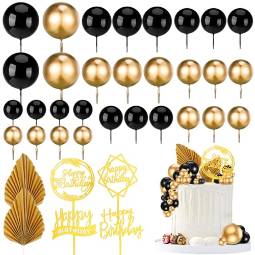 FRIUSATE 36 PCS Black Gold Cake Decorations Set with Foam Balls, Palm Leaves & Flags Toppers for Birthday Wedding Anniversary Party Supplies