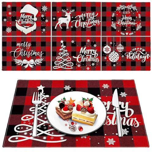6 Stück Weihnachten Platzsets, Wasserdichtes Weihnachten Tischsets Abwischbar, Weihnachten Rot Tischsets Abwischbar, Schneeflocke Platzsets Platzsets für Weihnachten Tischdeko, 45.5 x 32cm