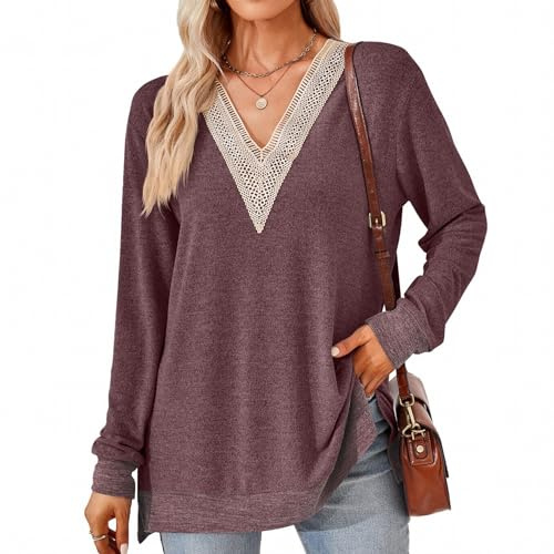 SHEYOW Camicetta da Donna Maniche Lunghe Scollo a V Maglia Casual Maglietta Lunga Donna Eleganti
