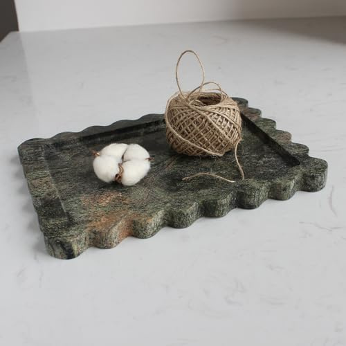 Natust Natural Luxury Scalloped Marble Tray 10.8x8, Green Rectangle Vanity Tray for Bathroom Kitchen Counter, Decorative Tray for Dresser Home Decor