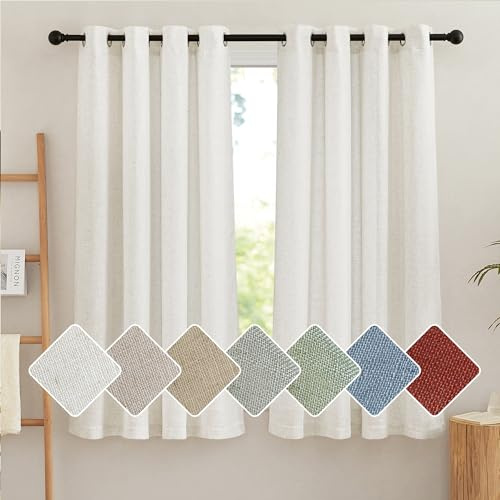 PONY DANCE Kurze Gardinen Halbtransparent Ösen Vorhang Leinen Schlafzimmer | Creme,2er Set,H145 x B140 cm,Boho Gardinen Leinenoptik Kinderzimmer,Leinenvorhang Landhaus Küche/Badezimmer,Linen Curtains