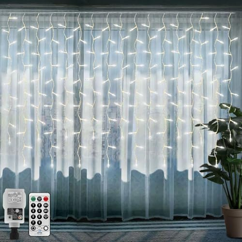 CORST 6MX1M Eisregen Lichterkette Außen mit Stecker,300LED Eiszapfen Weihnachten Lichterkette mit Fernbedienung Timer, Lichtervorhang Wasserdicht Verknüpfbar für Eaves Christmas(Weiss)