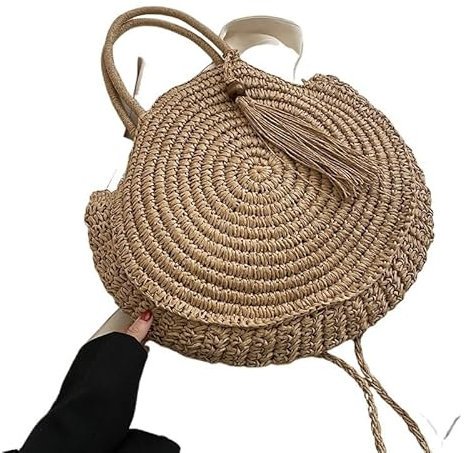 Korbtaschen Damen Sommer Hohle Runde Stroh Tasche for Frauen Strand Tasche Böhmen Stil Schulter Tasche Reise Geflochtene Gewebte Tote Tägliche Handtasche Strohtaschen Damen (Color : Khaki, Size : 38