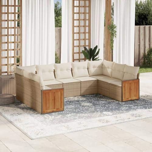 Rantry 9-TLG. Gartenmöbel Set mit Kissen Gartensofa Gartenlounge Balkonmöbel Loungesofa Modular Rattansofa Ecklounge Ecksofa Sitzgruppe Loungemöbel Sofagarnitur Beige Poly Rattan