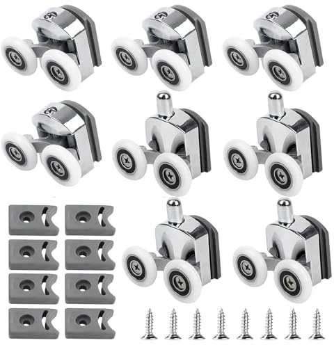 GIONAR 8 Pcs 23mm Shower Door Rollers, Shower Glass Door Wheels Replacement Rollers, Shower Door Wheels with Anti-Collision Block and Screws for Curved Glass Doors 4-6mm Glass(4 Top & 4 Bottom)