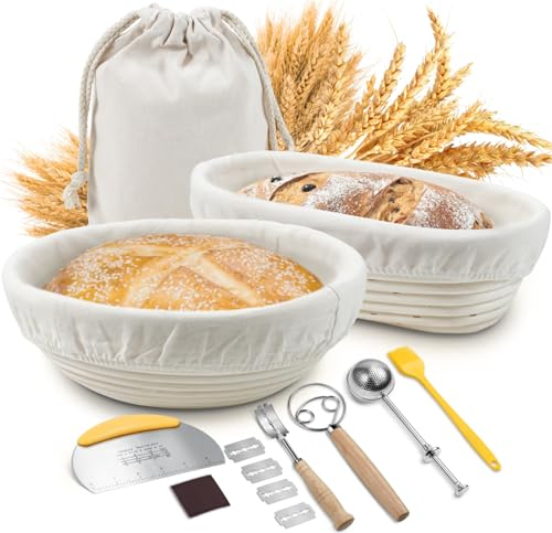Banneton Proofing Basket, Sopito 9Round& 10Oval Sourdough Starter Kit, Upgraded Non-stick Natural Rattan, Sourdough Proving Basket for Bread Making Professional with Liners