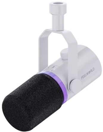 Feelworld PM1 XLR/USB Micrófono Dinámico para Grabación de Blogs Juegos Retransmisión en Directo con Luces RGB, Función de Silencio, Conexión para Auriculares,odo de Polaridad Cardioide(Blanco)