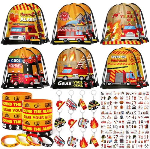vamei 48Stk Feuerwehrmann Mitgebsel Kindergeburtstag Gastgeschenke mit Kordelzug Turnbeutel Kinder Schlüsselanhänger Silikonarmband Tattoos Geschenktüten Partytüten Give Aways Junge Mädchen